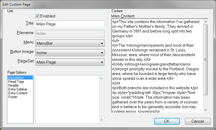 Edit Custom Page screen with HTML coding