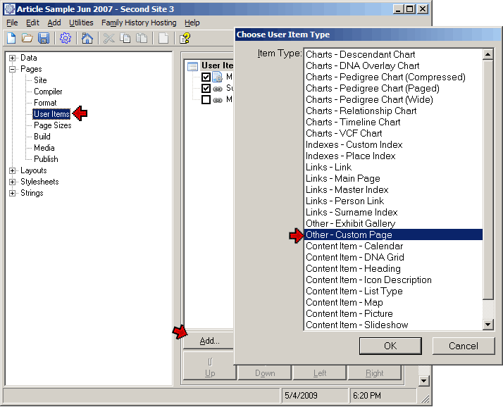 Choose User Item Type screen