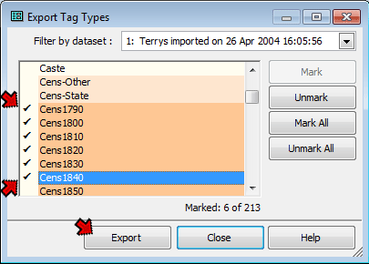 Export Source Types screen