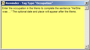 Tag Type Reminder screen