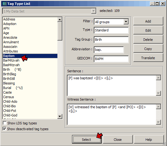 Tag Type List screen